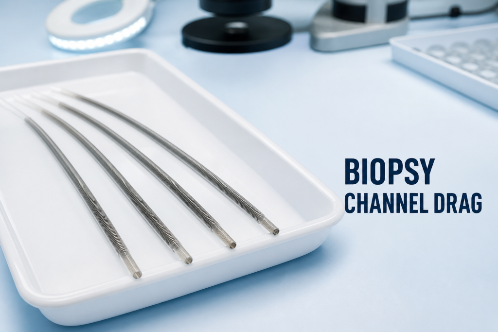 Biopsy channel tubes with translucent outer sleeves and internal metal coils arranged for drag inspection