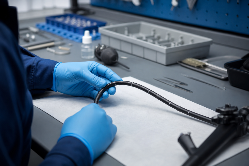 Technician inspecting a flexible instrument at a medical device repair workbench