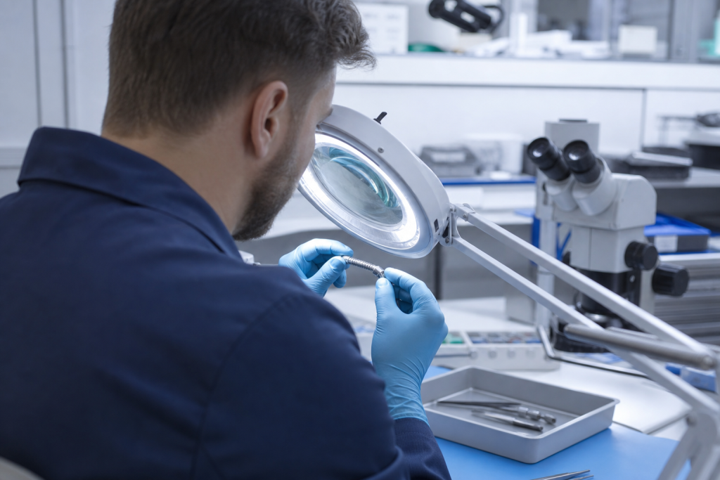 Technician performing a magnified inspection in an endoscope repair laboratory