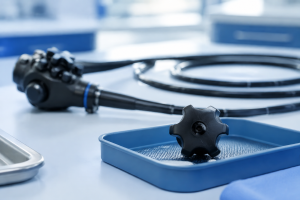 Endoscope control knob on a blue inspection tray beside a flexible endoscope